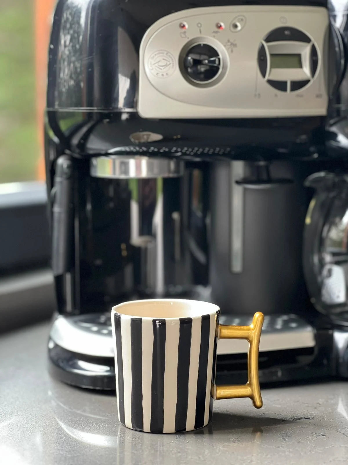 Gold Detailed Black Side Striped Ceramic Coffee Cup