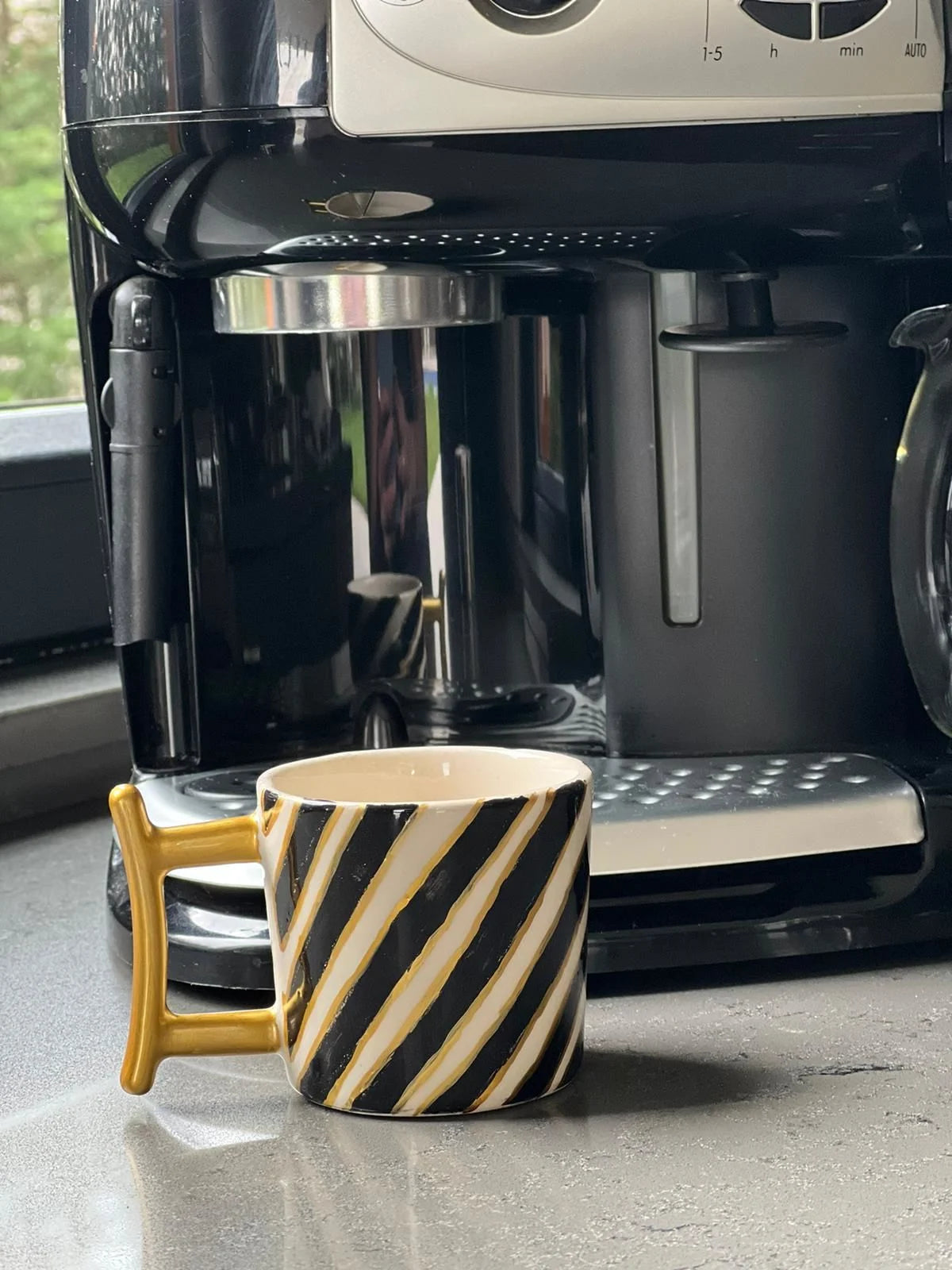 Gold Detailed Black Side Striped Ceramic Coffee Cup